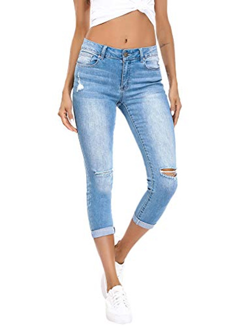 Resfeber Womens Ripped Capri Jeans Distressed Skinny Jeans Stretch Crop Jeans with Hole Resfeber Womens Ripped Capri Jeans Distressed Skinny Jeans Stretch Crop Jeans with Hole