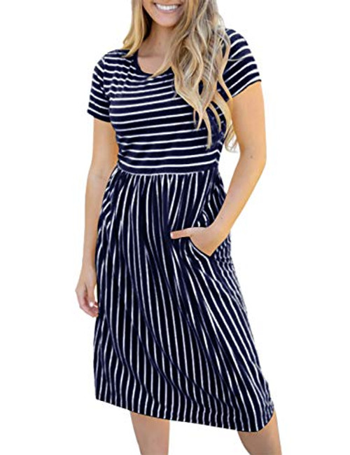 MEROKEETY Womens Summer Striped Short Sleeves High Waist Casual T Shirt Midi Dress