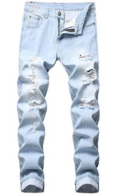 HENGAO Mens Fashion Destroyed Slim Fit Straight Ripped Jeans 958 White Blue W34