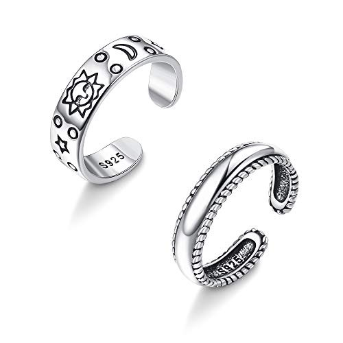 Milacolato 2Pcs Sterling Silver Open Toe Ring for Women Adjustable Sun Moon and Star Knuckle Rings Foot Jewelry Minimalistic Pinky Rings
