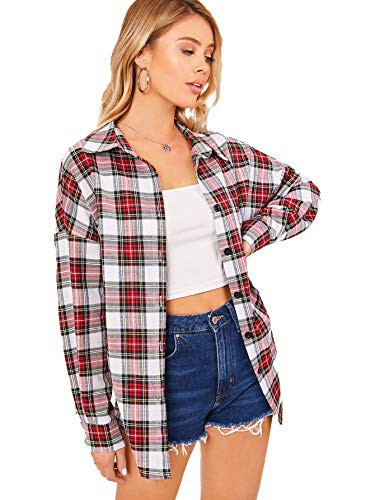 MakeMeChic Womens Plaid Print Shirts Button Front Long Sleeve Blouse Top Red M