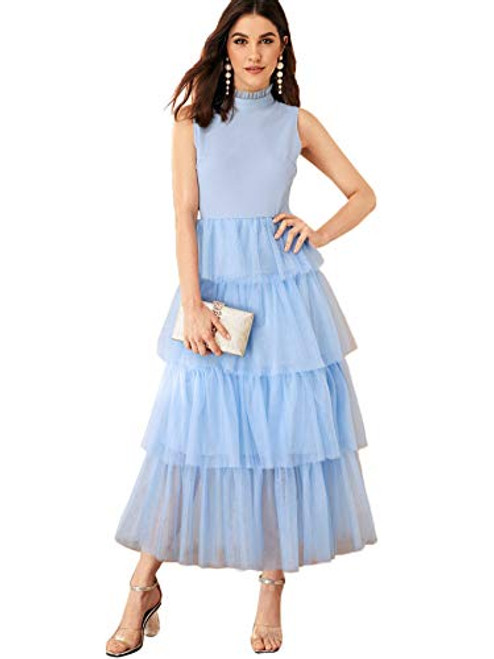 MakeMeChic Womens Sleeveless Tiered Layer Mesh Ruffle Dress Blue M