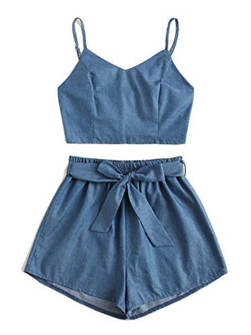 MakeMeChic Womens 2 Piece Outfit Summer Striped V Neck Crop Cami Top with Shorts Blue S