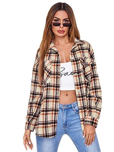 MakeMeChic Womens Plaid Print Flap Pocket Button Front Long Sleeve Blouse Coat Multi7 M