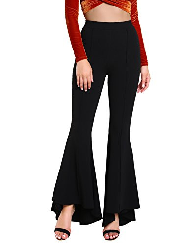 MakeMeChic Womens Elastic Waist Solid Flare Pants Stretchy Bell Bottom Trousers Black L