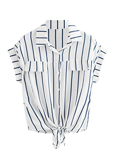 MakeMeChic Womens Collar Button Down Shirt Summer Knot Front Blouse Stripe Print S