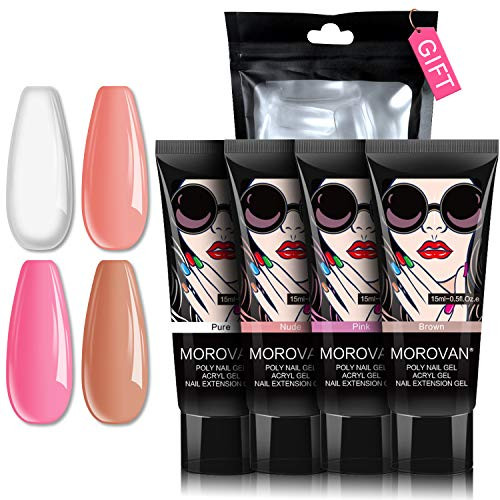 Morovan Nail Extension Polymer gel Builder Gel Kit with 15ml 4 Colors Poly Nail Gel and Nail Dual Forms Basic Color Builder Nail Gel Practice Poly Extension Gel Nail Enhancement Kit
