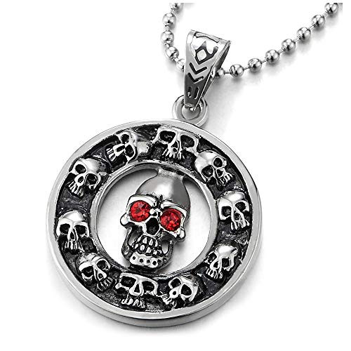 COOLSTEELANDBEYOND Mens Women Biker Steel Open Circle Skulls Pendant Necklace with Red Cubic Zirconia 30 in Ball Chain