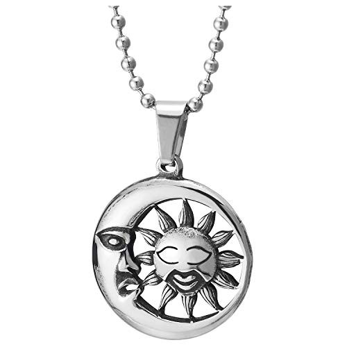 COOLSTEELANDBEYOND Sun Moon Crescent Circle Medal Pendant Necklace Men Womens Steel 236 in Ball Chain