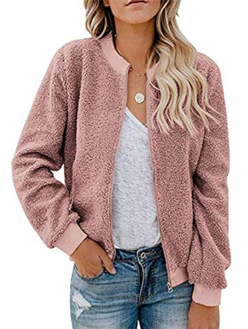 MIROL Womens Sherpa Fleece Jacket Faux Fuzzy Long Sleeve Casual Zip Up Bomber Coat with Pockets Small Rose