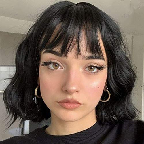 MISSQUEEN Black Short Wavy Bob Wigs with Bangs Synthetic Wave Bob Wig Natural Looking Heat Resistant Fiber Wigs for Women