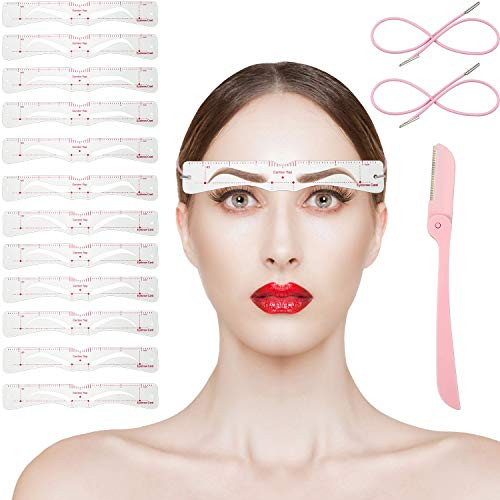 15 Pieces Eyebrow Stencil Shaper Kit Includes 12 Pairs Reusable Eyebrow Template Eyebrow Grooming Shaping Stencil 2 Pieces Straps Eyebrow Razor Trimmer for Women Girls Makeup Tool