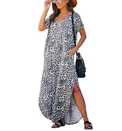 Womens Casual Short Sleeve V Neck Dress Tie Dye Side Split Maxi Long Dresses with PocketsLeopardXL