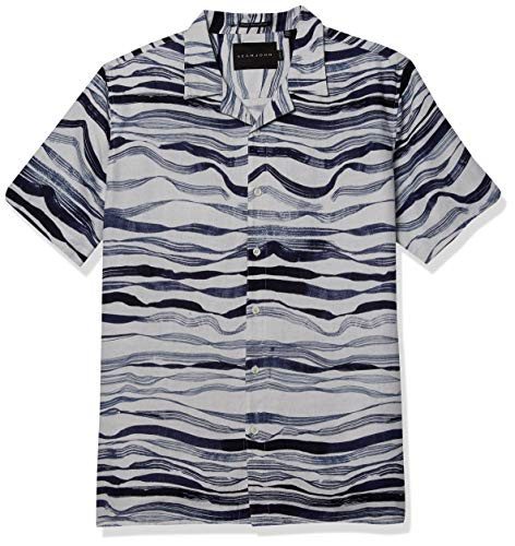 Sean John Mens Short Sleeve Wavy Print Button Up Shirt Bright White 2XL