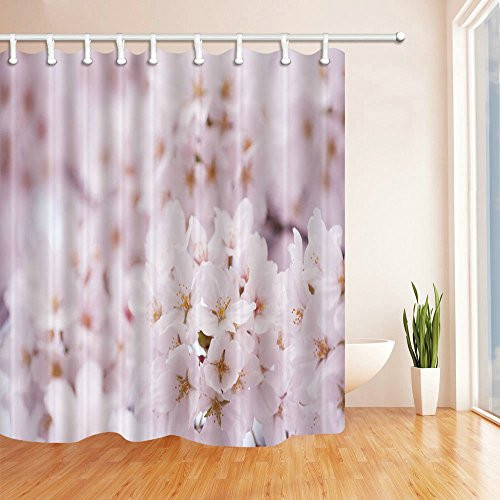 AMHNF Shower Curtain Nature Landscape Theme Simple Romantic Beautiful Pink Flowers Shower Curtains 70x70 Inch Home Waterproof Mildew Antibacterial Hanging Curtains