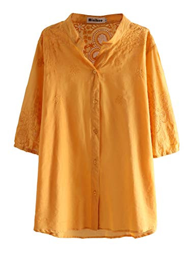 Minibee Womens V Neck Shirt Mesh Panel Blouse 34 Bell Sleeve Loose Top Yellow