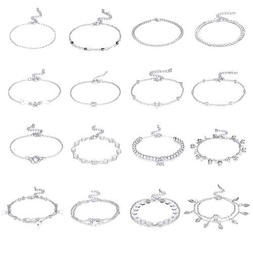 Florideco 16Pcs Ankle Bracelets for Women Beach Layered Chain Anklet Set Boho Anklets Adjustable Foot Jewelry Silver Tone Florideco 16Pcs Ankle Bracelets for Women Beach Layered Chain Anklet Set Boho Anklets Adjustable Foot Jewelry Silver Tone