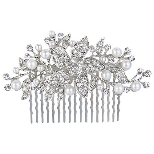 EVER FAITH SilverTone Crystal Simulated Pearl Bridal Flower Leaf Vine Hair Comb Clear EVER FAITH SilverTone Crystal Simulated Pearl Bridal Flower Leaf Vine Hair Comb Clear