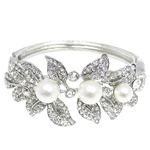 EVER FAITH Bridal SilverTone Flower Leaf Simulated Pearl Clear Austrian Crystal Bracelet EVER FAITH Bridal SilverTone Flower Leaf Simulated Pearl Clear Austrian Crystal Bracelet