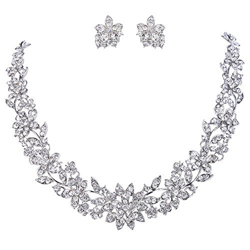 EVER FAITH Wedding Cluster Flower Leaf Necklace Earrings Set Clear Austrian Crystal SilverTone