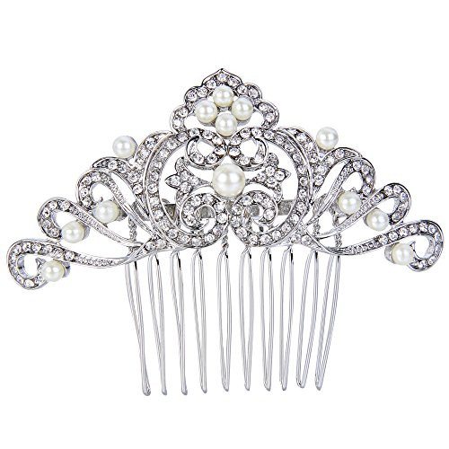 EVER FAITH SilverTone Austrian Crystal Wedding Cream Simulated Pearl Flower Wave Hair Comb Clear EVER FAITH SilverTone Austrian Crystal Wedding Cream Simulated Pearl Flower Wave Hair Comb Clear