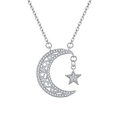 EVER FAITH 925 Sterling Silver CZ Bling Crescent Moon and Star Pendant Necklace Clear