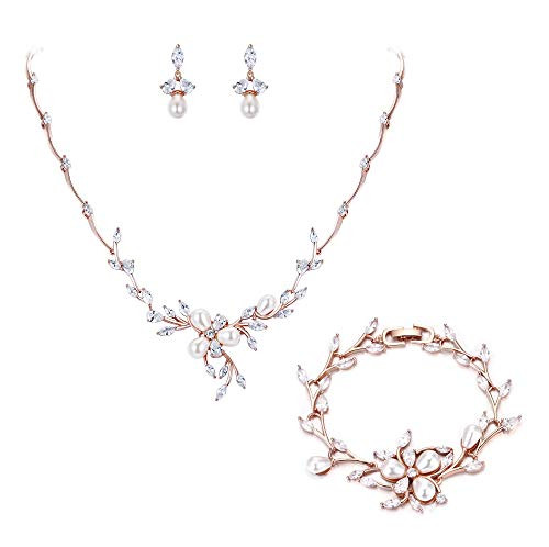 EVER FAITH CZ Simulated Pearl Bridal Flower Filigree Necklace Earrings Bracelet Set Clear Rose GoldTone EVER FAITH CZ Simulated Pearl Bridal Flower Filigree Necklace Earrings Bracelet Set Clear Rose GoldTone