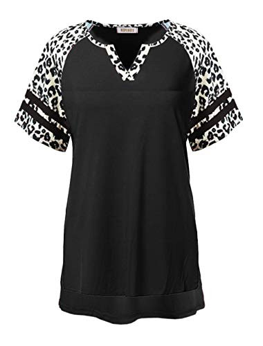 NIPINUS Womens t Shirts Leopard Print Patchwork Casual V Neck Short Sleeve Tunic Tops Blouses Leopard BlackMedium