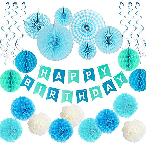 Blue Birthday Party Decoration Set - Happy Birthday Banner, Blue Paper Fans, Tissue Paper Pom Pom, Honeycomb Balls, Blue Swirl Hanging Decorations - 38 Piece Boys Birthday Part Decor Kit
