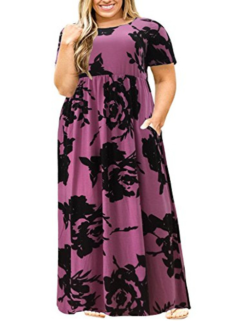 Nemidor Women Short Sleeve Loose Plain Casual Plus Size Long Maxi Dress with Pockets PurplePrint 24W