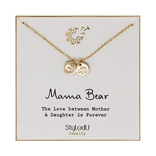 StyledU Mother Daughter Bear Pendant Necklace for Mom Tiny Gold Filled Mama Bear and Baby Bear Mothers Day Jewelry Birthday Gift
