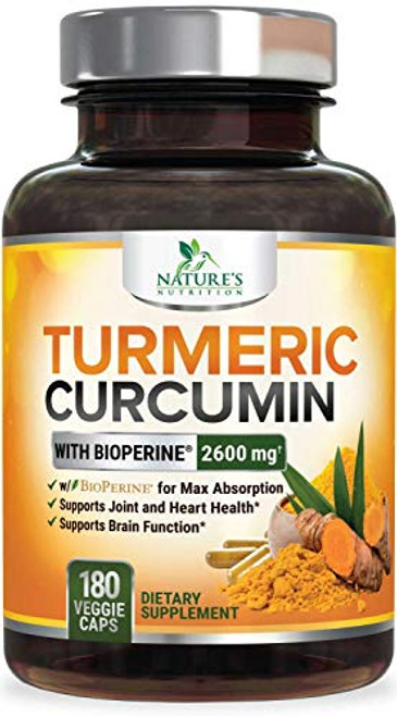 Turmeric Curcumin with Bioperine 95 Curcuminoids 2600mg with Black Pepper for Best Absorption Made in USA Best Vegan Joint Support Turmeric Supplement Pills by Natures Nutrition  180 Capsules