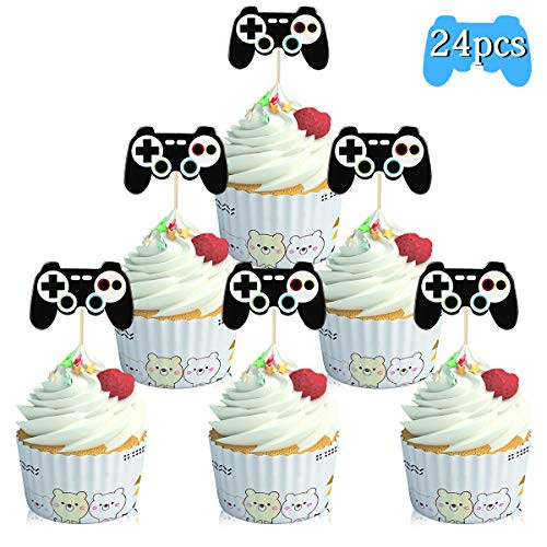 DOERDO Video Game Cupcake Toppers Gamer Cupcake Toppers Game Theme Cupcake Topper Perfect for Gaming Theme Birthday Party Decorations Supplies 24 PCS