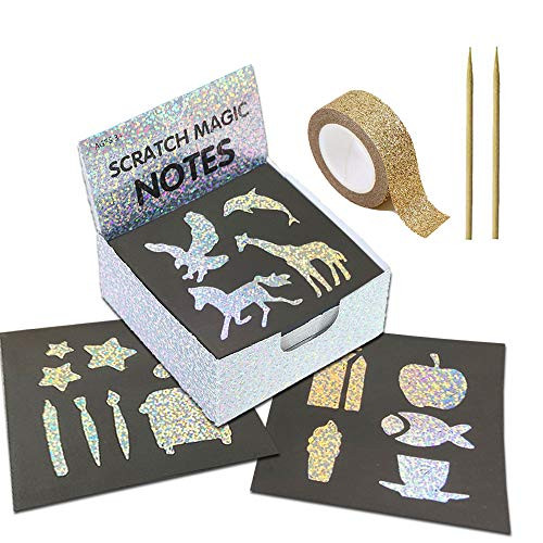 LANGFON 1 Pack Rainbow Scratch Art Note Books  Magic Scratch Off Paper Notebook Set for Kids Art and Craft Activity Book Black Sketch Doodle Pads with Painting Stencils for Party Favor Game Gift