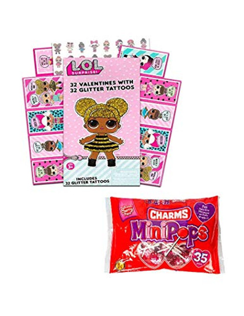 Lol 32 Valentines Cards & 32 Glitter Tattoos With Mini Lollipops Classroom Exchange Bundle
