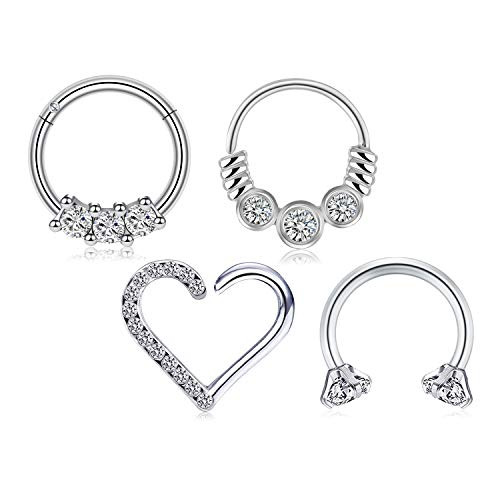 LAURITAMI 16G Surgical Steel Rook Daith Earrings Heart Right Ear Daith Piercing Horseshoe Barbell Hinged Clicker Rings Hoop Earring for Tragus Cartilage Helix Piercing