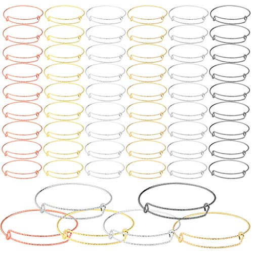 60 Pcs Expandable Bangle Adjustable Wire Blank Bracelets Topbuti Assorted Color Shiny Metal Bracelets Bangles for Women DIY Jewelry Making Valentines Day Thanksgiving Christmas Halloween Gift