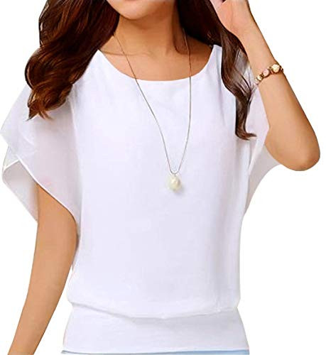 Neineiwu Ladies Summer Shirt Short Sleeve Batwing Sleeve Round Neck Loose Chiffon Blouse Tops White M