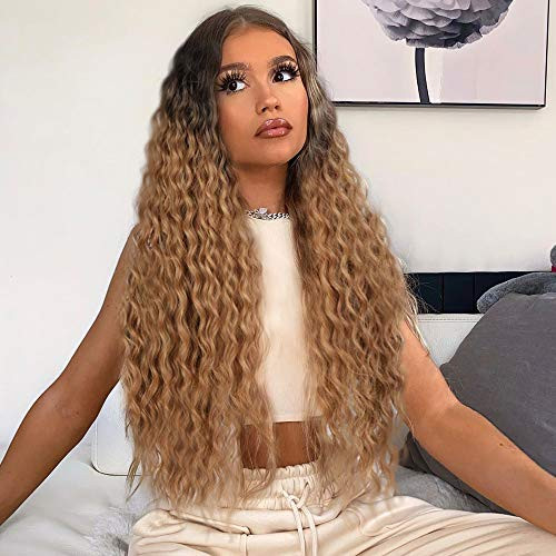 AISI QUEENS Long Curly Wig Ombre Brown Hair Wigs for Women Middle Part Curly Wavy Wigs Synthetic Wigs Heat Resistant Fiber for Daily Party UseR62730