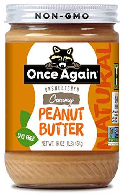 Once Again Natural Creamy Peanut Butter Salt Free Unsweetened 16 oz Jar Once Again Natural Creamy Peanut Butter Salt Free Unsweetened 16 oz Jar