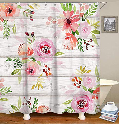 Livilan Pink Flower Shower Curtain Set with 12 Hooks Fabric Bath Curtains Decorative Thick Bathroom Curtain 70.8" x 70.8"