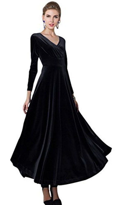 Urban CoCo Women Long Sleeve VNeck Velvet Stretchy Long Dress Small Black