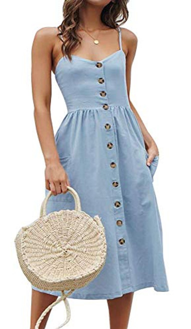 ECHOINE Womens Summer Button Down Casual Swing Plain Solid Midi Dress Pockets Blue