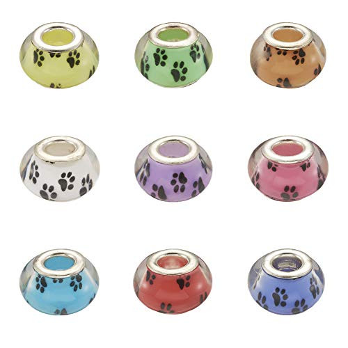 Craftdady 50Pcs Large Hole Acrylic European Spacer Beads Mixed Colors 14x910mm Dog Paw Printed Rondelle Slider Charm Beads with Metal Core for Snake Chain Jewelry Making Hole 5mm