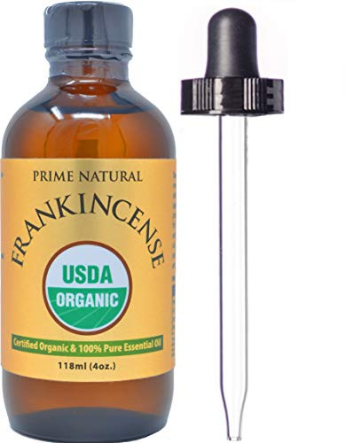 Prime Natural Organic Frankincense Essential Oil 118ml  4oz USDA Certified Boswellia Serrata Pure Undiluted Therapeutic Grade Aromatherapy Scents Diffuser Skin Care Relaxation Calming Meditation