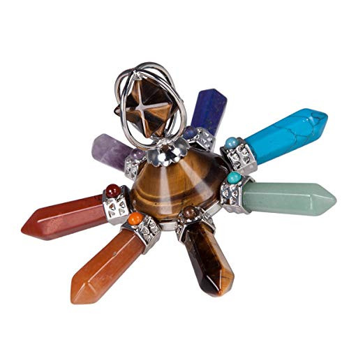 Nupuyai 7 Chakra Energy Generator Reiki Healing Crystal Point Pyramid Conical Tower with Merkaba Star Stone Tigers Eye Stone
