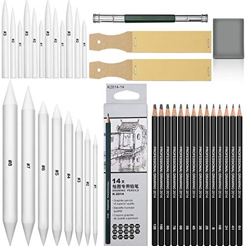 24 Pieces Blending Stumps and Tortillions Set Sketch Sandpaper Pencil Extension Tool Drawing Kneaded Eraser and 14 Pieces Graphite Sketching Pencils for Artist Student Charcoal Sketch