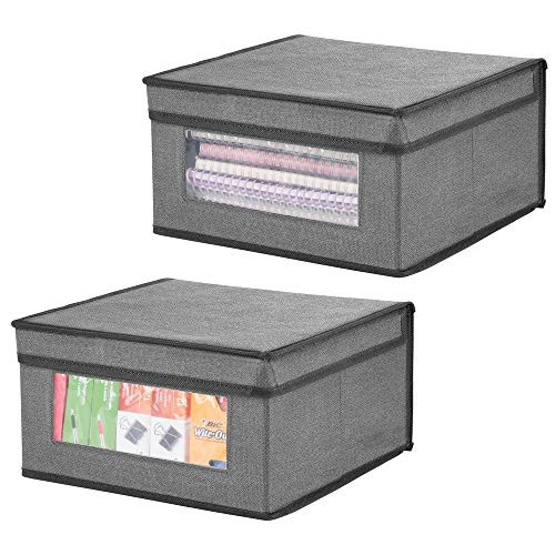 mDesign Soft Stackable Fabric Closet Storage Organizer Holder Bin with Clear Window, Attached Lid - for Home Office, Den, Hallway, Entryway - Textured Print - Medium, 2 Pack - Gray/Black