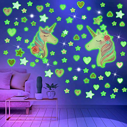 2 Sheets Glowing Unicorn Wall Decals with Glow in The Dark Stars and Heart Wall Murals Removable Unicorn Fluorescent Stickers for Kids Baby Bedroom Nursery Home Birthday Party