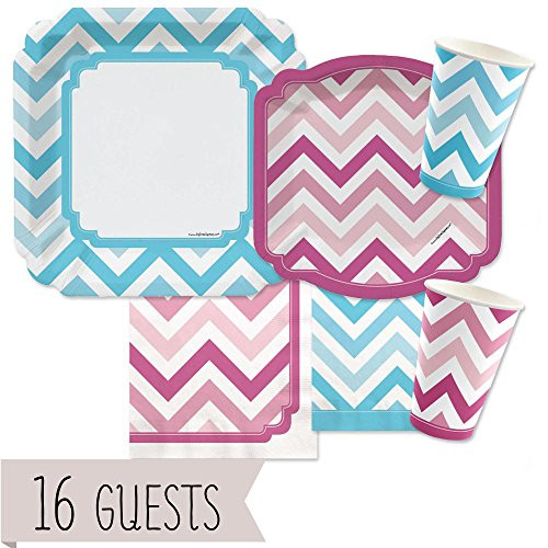 Big Dot of Happiness Chevron Blue and Pink - Gender Reveal Party Tableware Plates, Cups, Napkins - Bundle for 16